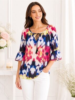 Milly for Designation Tie Dye Boho Blouse Bell Sleeve Peasant Top Small (S)